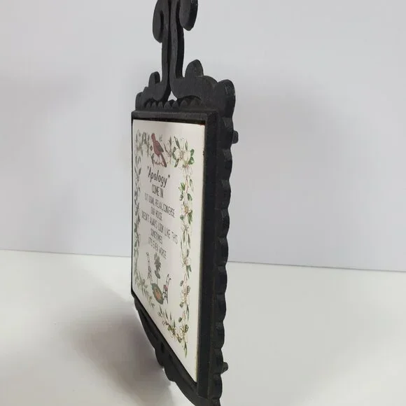 MCM Cast Metal Ceramic Tile Wall Plaque Trivet Vintage Apology Birds Flowers - Picture 6 of 14